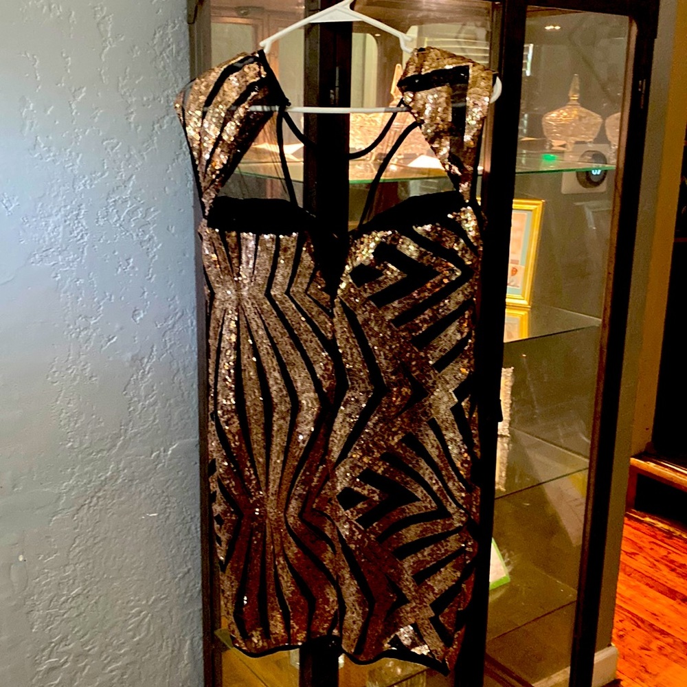 A beautiful night, cocktail, dress, sequence, gold, and black